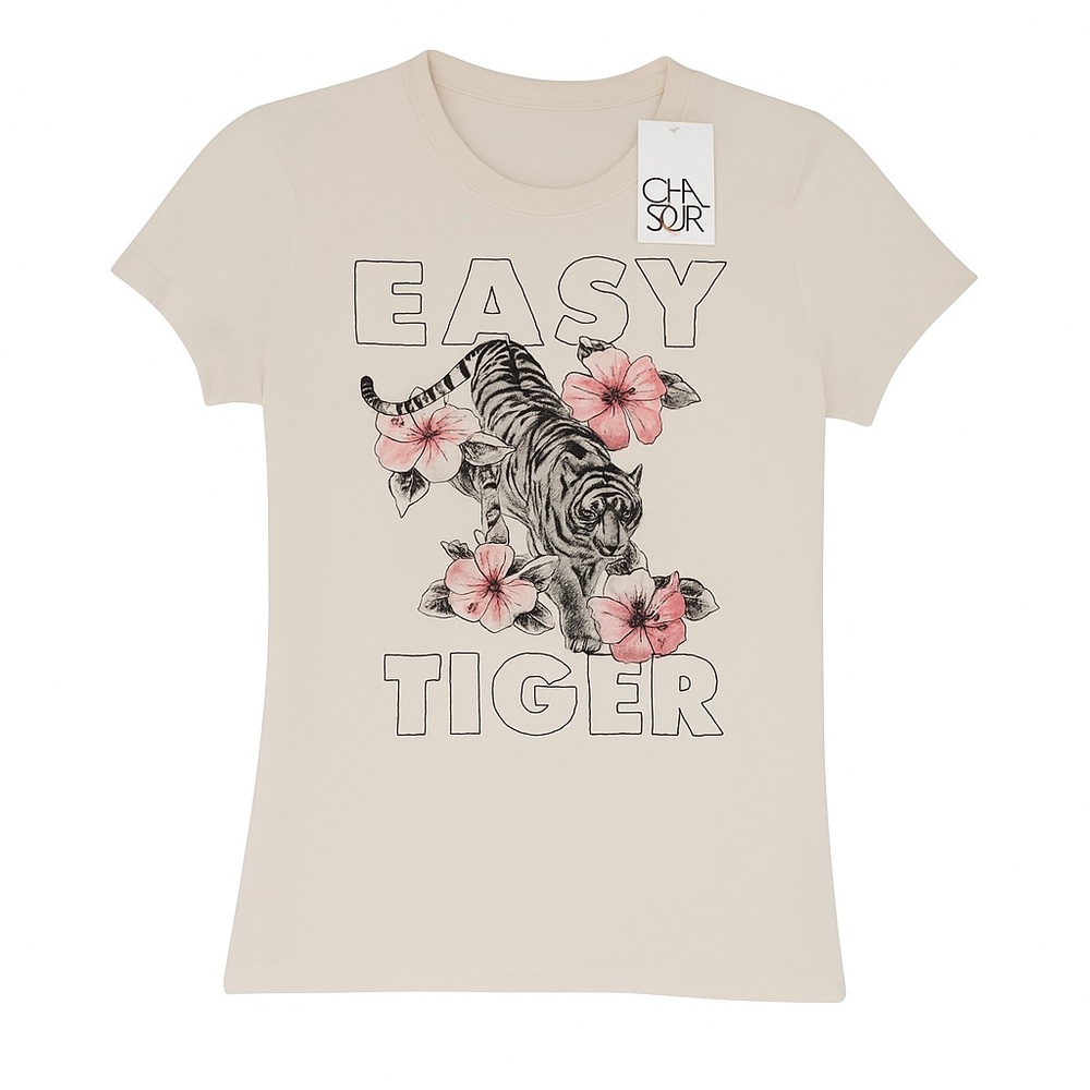 Chaser Beige Tee with Tiger and Pink Flowers